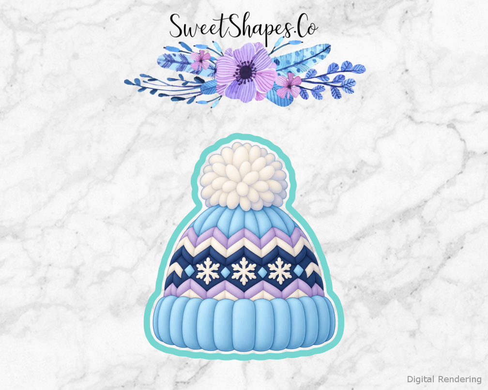 Snow Day Pom Pom Winter Hat cookie cutter artwork with teal cutting outline - part of the Winter Snow Day set