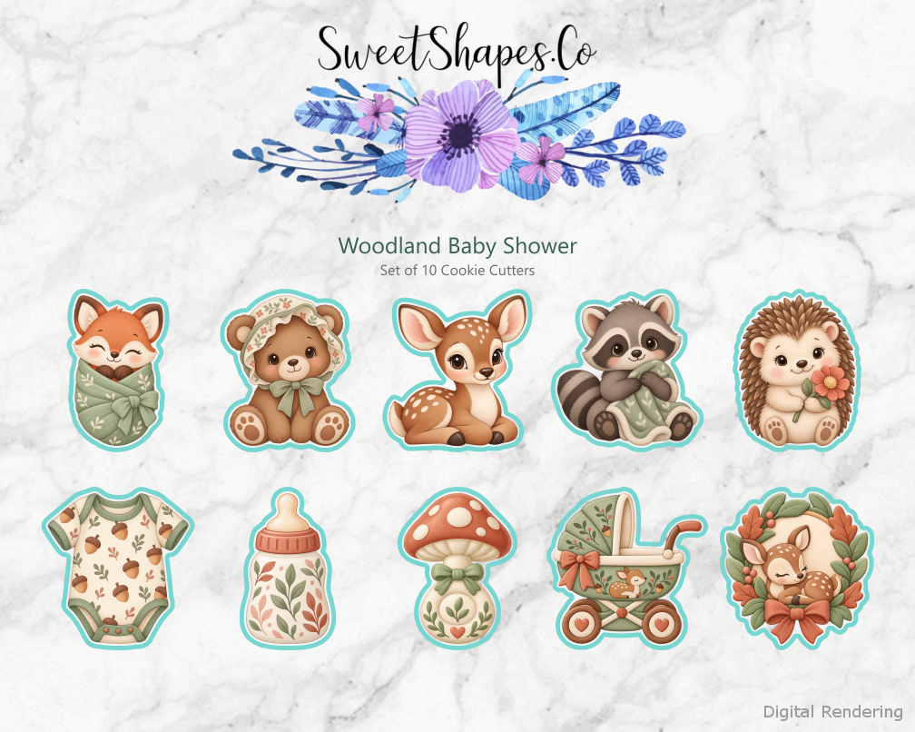 Woodland Baby Shower Cookie Cutters - Set of 10 - full colour overview with cutting outlines