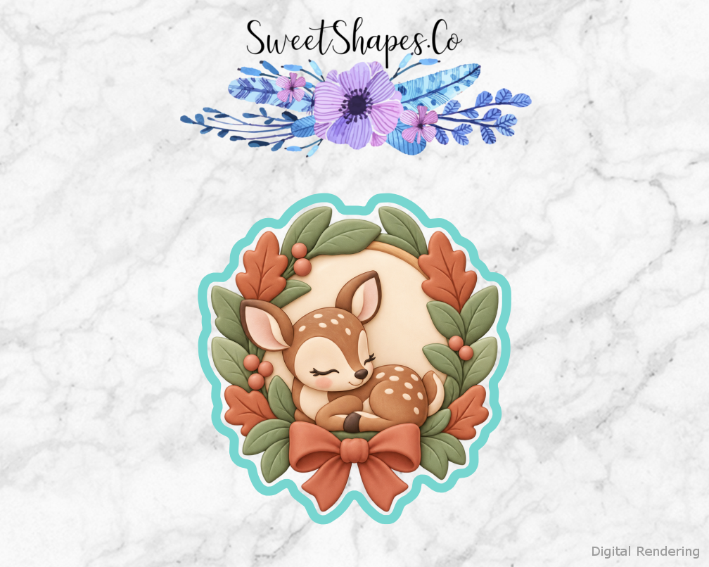 Woodland Shower Leaf-Framed Baby Plaque cookie cutter artwork with teal cutting outline - part of the Woodland Baby Shower set