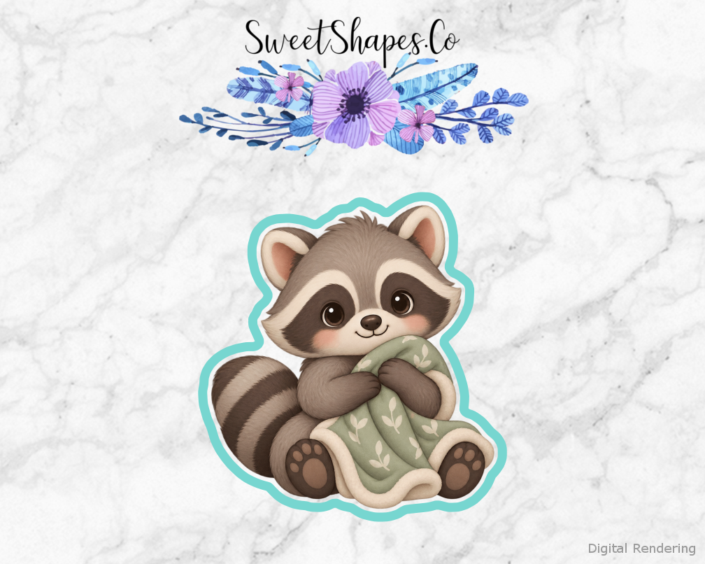 Woodland Shower Raccoon With Blanket cookie cutter artwork with teal cutting outline - part of the Woodland Baby Shower set