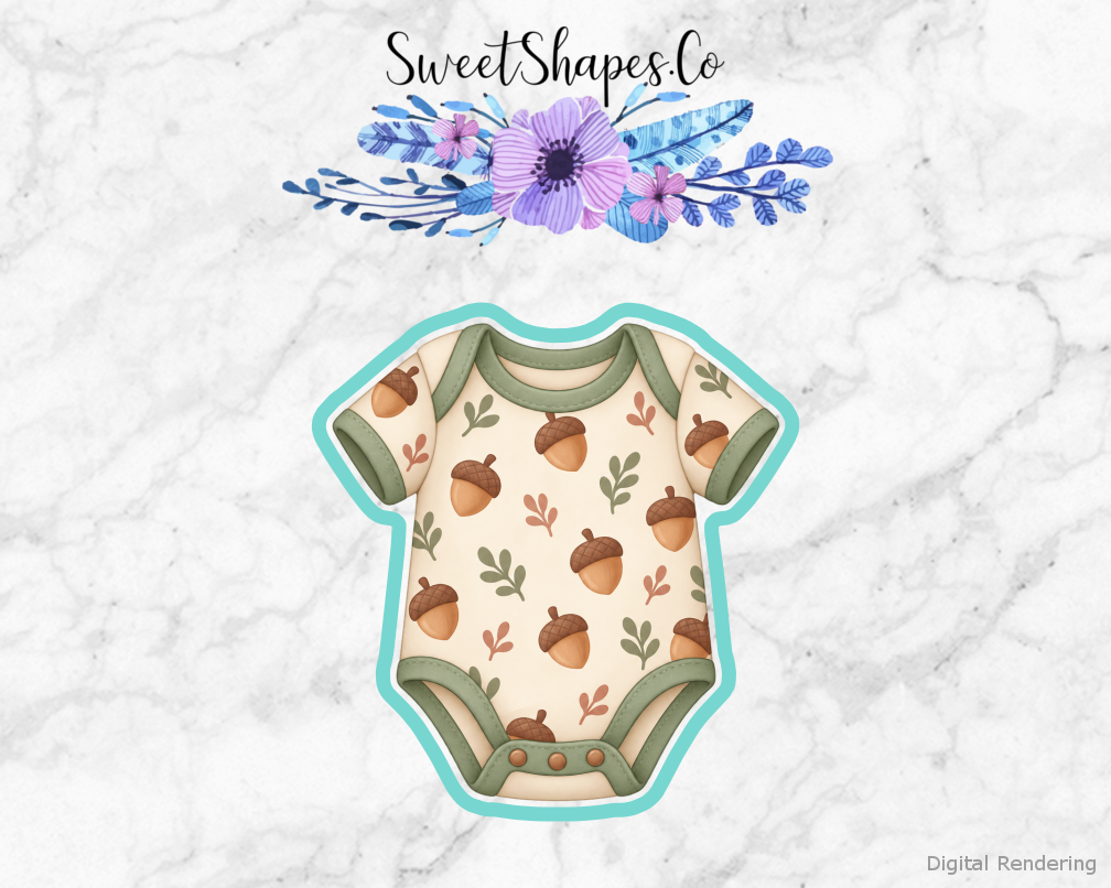 Woodland Shower Acorn-Patterned Onesie cookie cutter artwork with teal cutting outline - part of the Woodland Baby Shower set