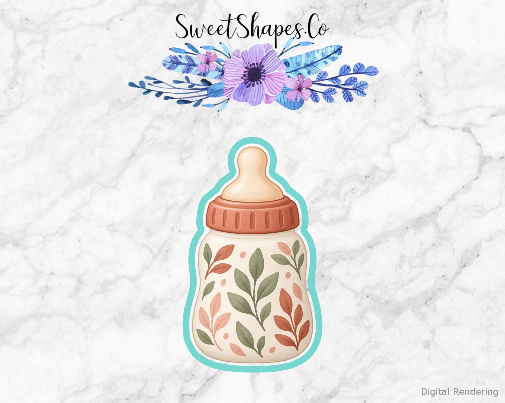 Woodland Shower Leaf-Patterned Baby Bottle cookie cutter artwork with teal cutting outline - part of the Woodland Baby Shower set